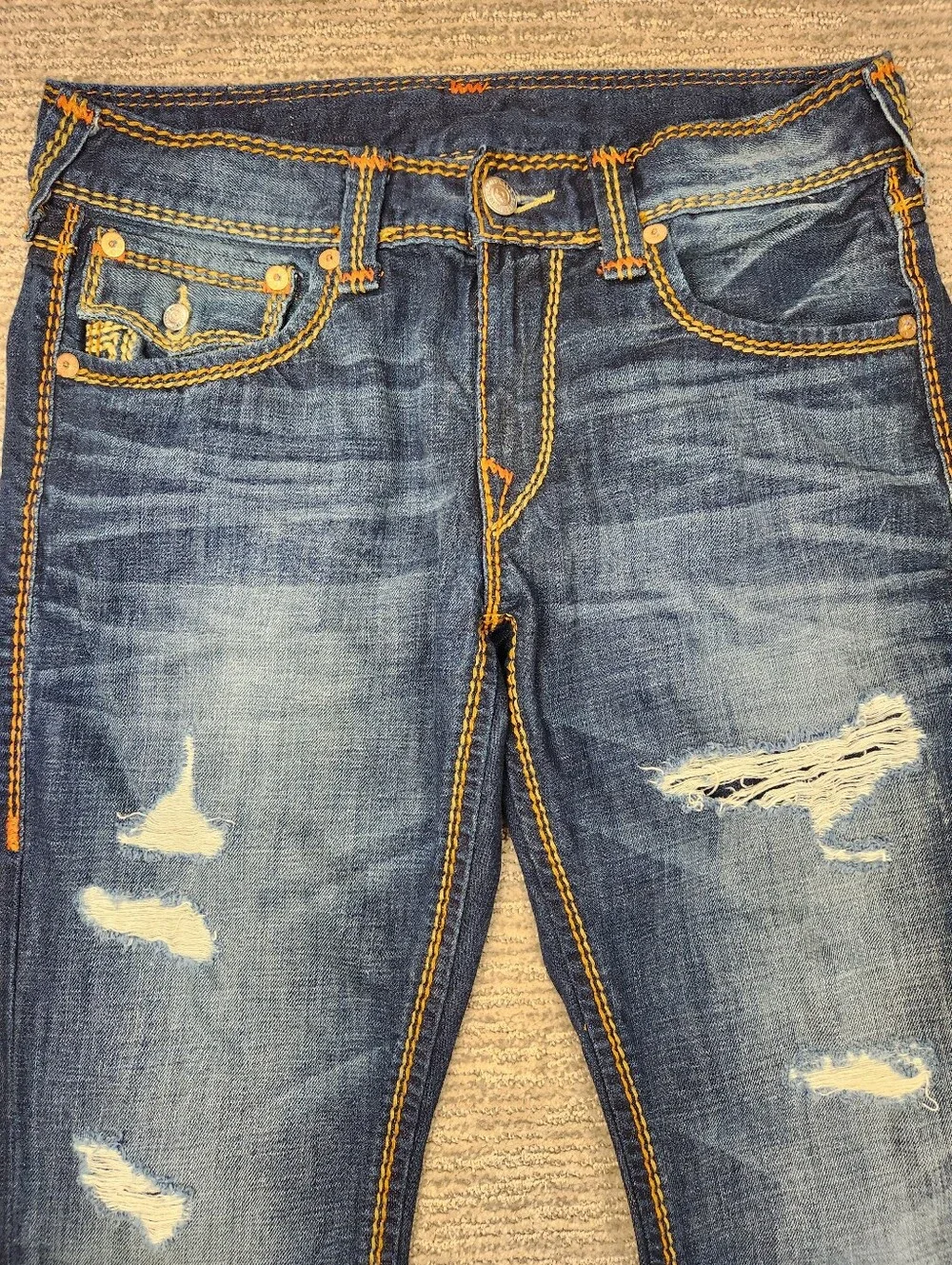 True Religion Mega t Straight Jeans Mens 32x34 Brown Thick Stitch Flap Pocket